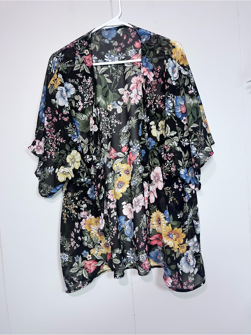 Floral Sheer Kimono Cardigan Cover Up Black Multicolor Boho Women’s Medium